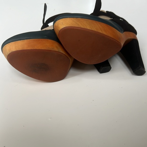 Faryl Robin Anthro Black Teal platform sky high Heel wood velvet leather bow 8 - Picture 12 of 15